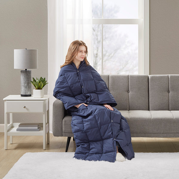 JLA Home True North by Sleep Philosophy - Wearable Oversized Goose Down Throw Jacket with Water-Repellent Shell, Packable Warmth & Button Closure Indigo TN50-0483