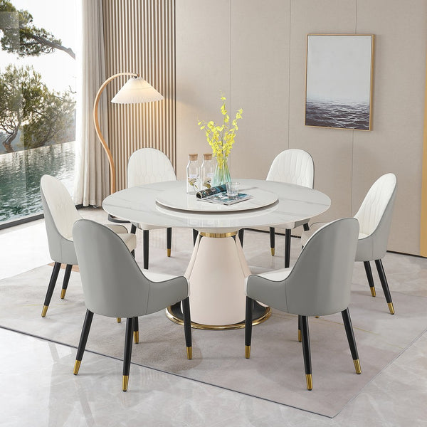 English Elm Round Sintered Stone Dining Set Sculptural Petal Base Six Pu Leather Chairs Modern W509S00182