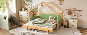 English Elm Twin Pine Treehouse Floor Bed with Padded Rails and Cabin Roofline for Kids Green W1580S00384