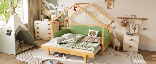 English Elm Twin Pine Treehouse Floor Bed with Padded Rails and Cabin Roofline for Kids Green W1580S00384