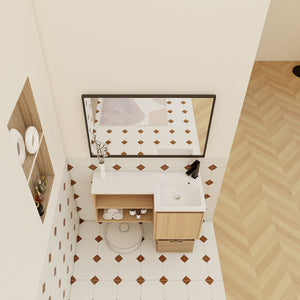 English Elm 36" Corner Floating Vanity with Integrated Resin Sink Open Shelf Light Oak Modern Bath W3450S00049