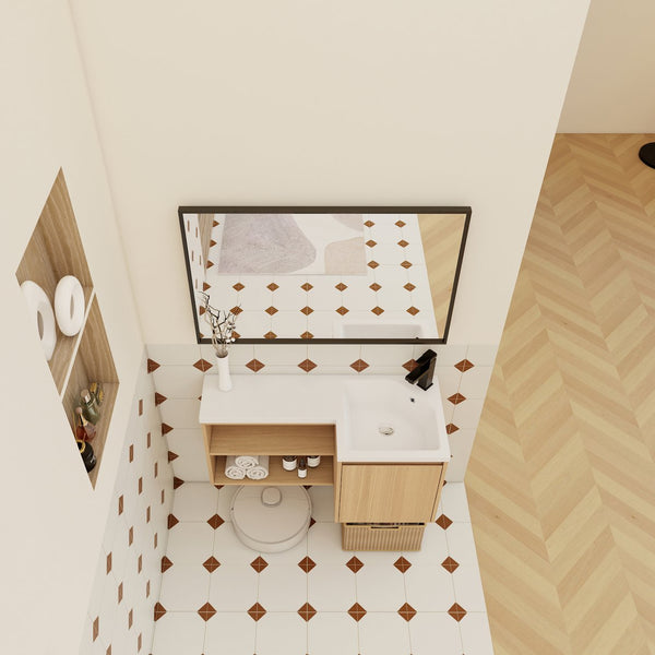 English Elm 36" Corner Floating Vanity with Integrated Resin Sink Open Shelf Light Oak Modern Bath W3450S00049