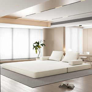 English Elm 86.6"Multifunctional Folding Sofa Bed with Chaise, Fluffy Chenille, Removable Backs & Pillows, Deep Seat Lounge Beige W3219P340665