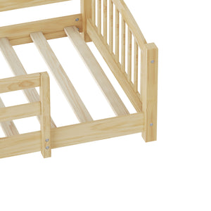English Elm Twin Montessori Floor Bed Solid Pine Frame with Safety Guardrails for Kids Bedroom Natural N733P400298N