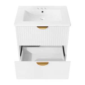 English Elm Modern 24-Inch Wall-Mounted Bathroom Vanity with 2 Drawers, Gold Handles, Space-Saving Luxury White WF324047AAK