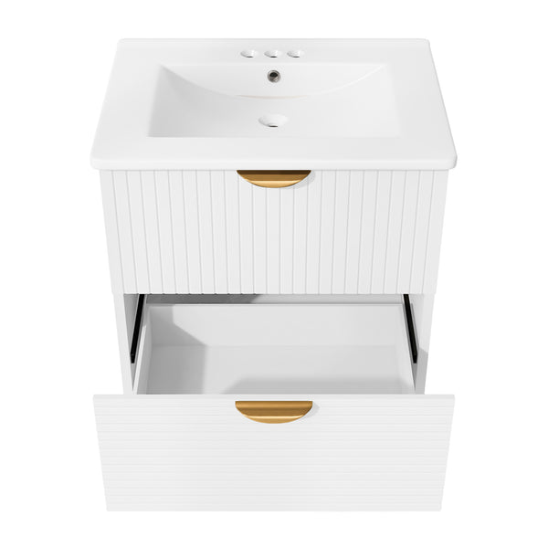 English Elm Modern 24-Inch Wall-Mounted Bathroom Vanity with 2 Drawers, Gold Handles, Space-Saving Luxury White WF324047AAK