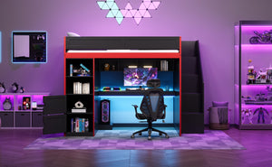 English Elm Gaming Full Loft Bed with Built-in Desk Led Lights and Storage for Teen Rooms N709P004103J