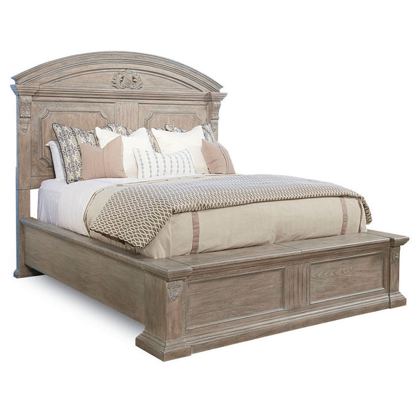 A.R.T. Furniture Arch Salvage Chambers Panel Bed With Cedar-lined Storage, Carved Details, And Elegant Parch Finish Brown, Gray Parrawood Solids,Cathedral Elm Veneers 233157-2802