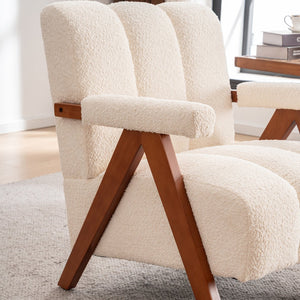 English Elm Mid-century Modern Chenille Lounge Chair Set Oak Frame Cloud Silhouette Living Room Beige W1170S00052