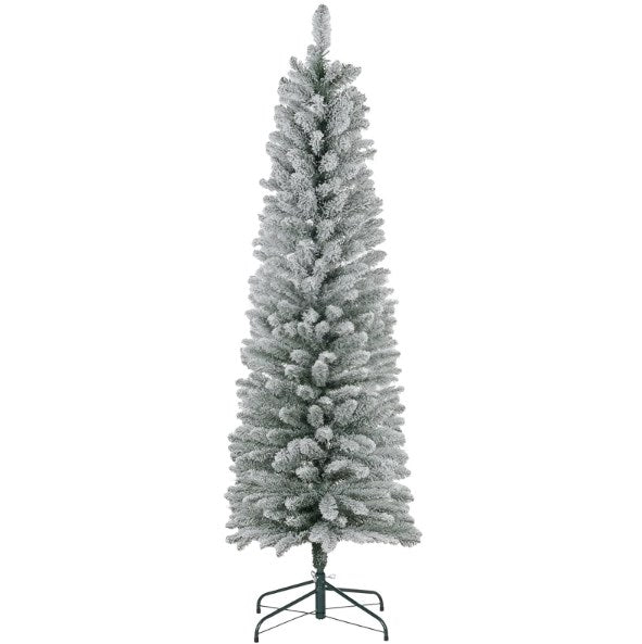English Elm Pencil Slim Flocked Christmas Tree 6 Ft Snow Dusted Artificial with Sturdy Metal Base T3971P419841
