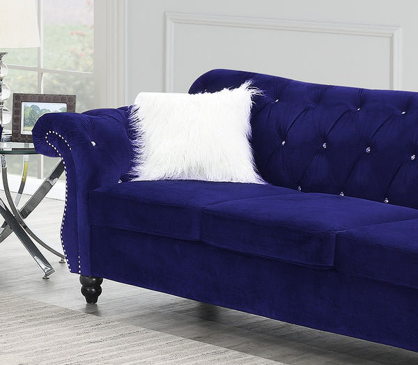 English Elm 2pc Indigo Velvet Sofa Set 2pc Living Room Crystal Tufted Upholstered Couch Loveseat with Nailhead Trim B011S01699