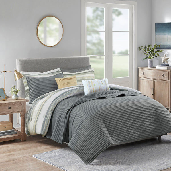English Elm 8 Piece Printed Seersucker Comforter & Quilt Set In Yellow/Gray For Full/Queen – Cozy & Stylish! B03597254