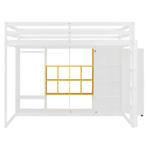English Elm Twin Loft Bed with Wardrobe Shelves and Cabinet Kids Bedroom Wood Storage Frame Yellow+White N708S00024K