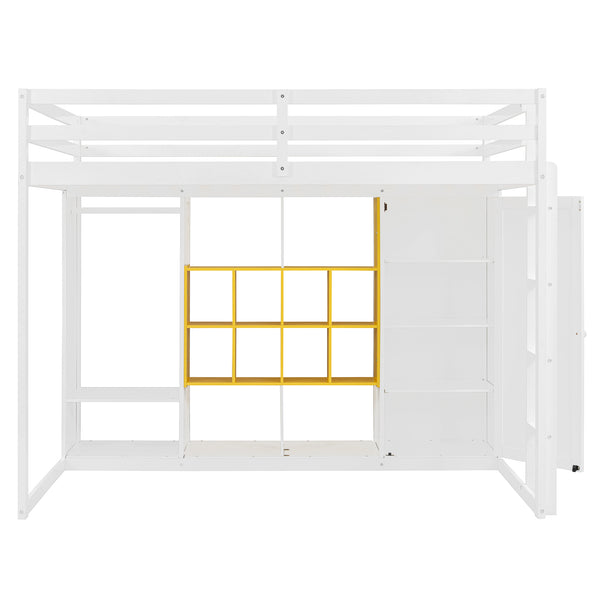English Elm Twin Loft Bed with Wardrobe Shelves and Cabinet Kids Bedroom Wood Storage Frame Yellow+White N708S00024K