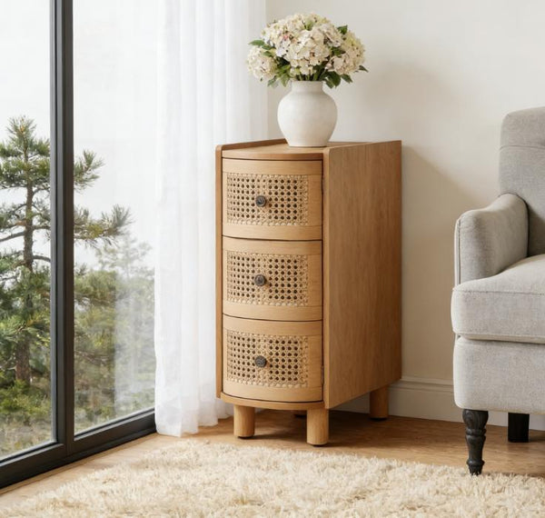 English Elm Wooden Rattan Front Three Drawer Nightstand Bohemian Coastal Bedside Storage Table T3971P462650