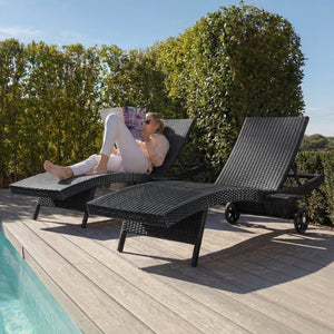 English Elm K&k Outdoor Wicker Reclining Chaise Set 2 Piece with Pull Out Tray Rolling Wheels Black N707P395515B