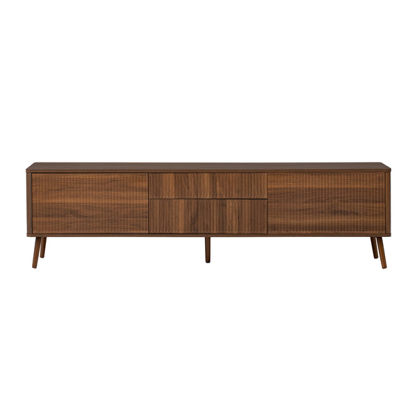 English Elm 70 Inch Fluted Entertainment Center Walnut Finish Solid Wood Legs Soft Close Storage N710P372539P