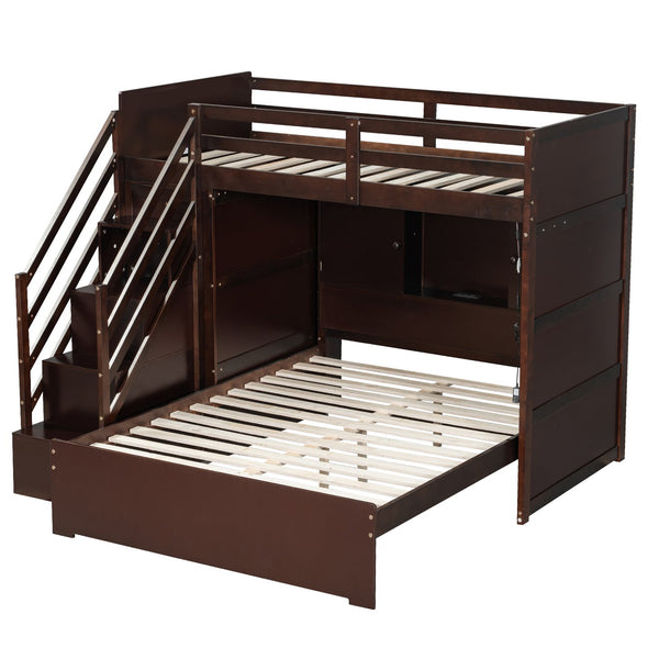 English Elm Twin Over Full Bunk Bed with Wardrobe Storage Stairs Shelves and Usb Charging Espresso LT000292AAP