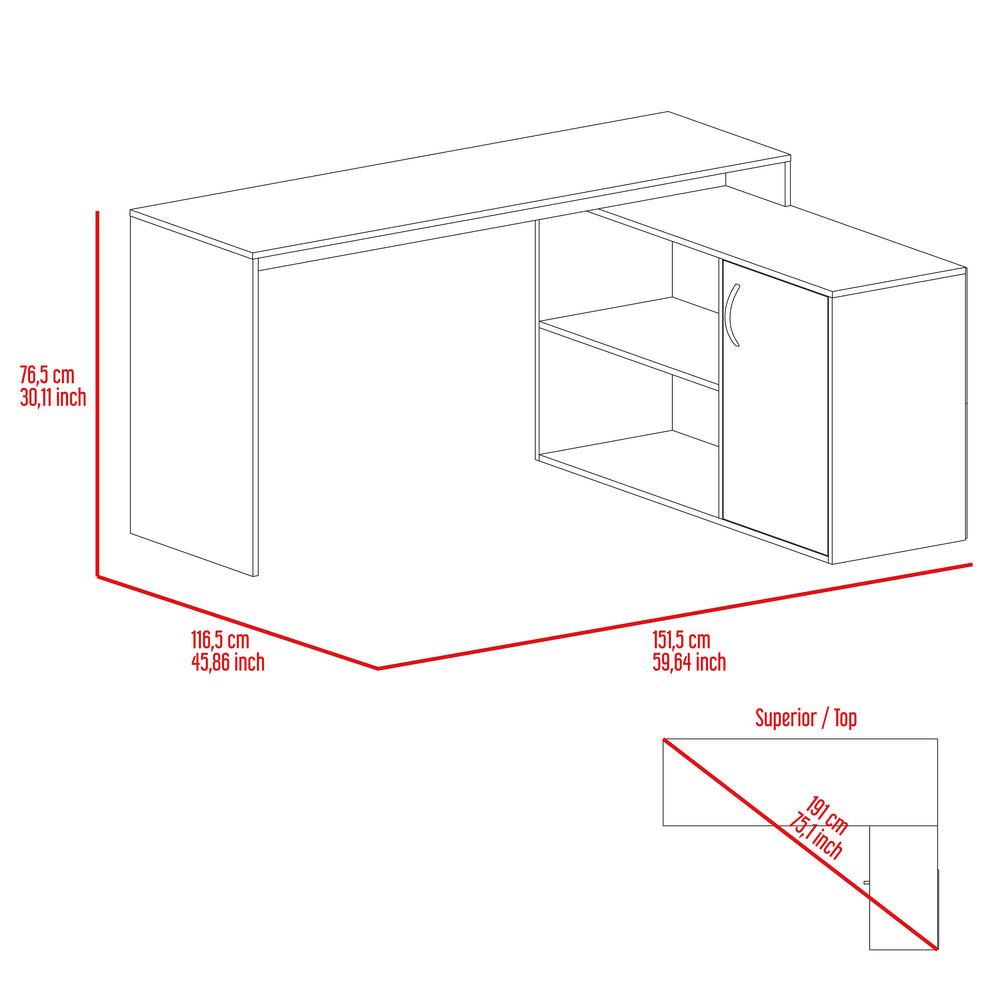 English Elm L-Shaped Desk with Right Return — Spacious 59" Work Surface, Cabinet + Shelves for Office Storage White 34.25 L x 23.62 W x 4.72 H B097S00168