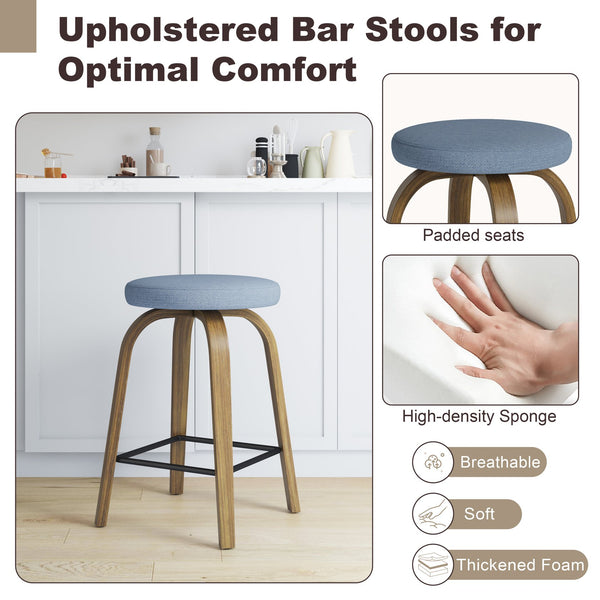 English Elm Swivel Backless Counter Stools Set of 2 with Fabric Seat Bentwood Legs Mid-century Modern Blue W3107P446977