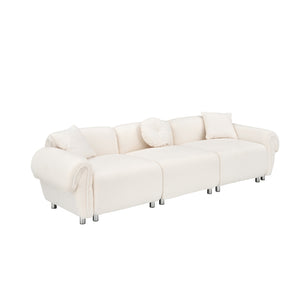 English Elm 112 Plush Teddy Velvet Sofa 112" x 38.2" x 28.3" with Metal White Legs, 3-Person Seating, 3 Pillows, 500lb Capacity Beige W1278S00050