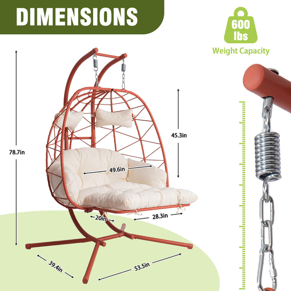 English Elm 2 Person Wicker Hanging Egg Chair with Stand Cushioned Swing for Patio Garden T5880P500224