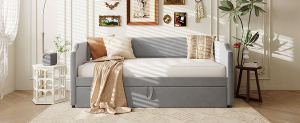 English Elm Twin Velvet Upholstered Daybed with Pop up Trundle for Guest or Kids Rooms Gray SF000197AAE