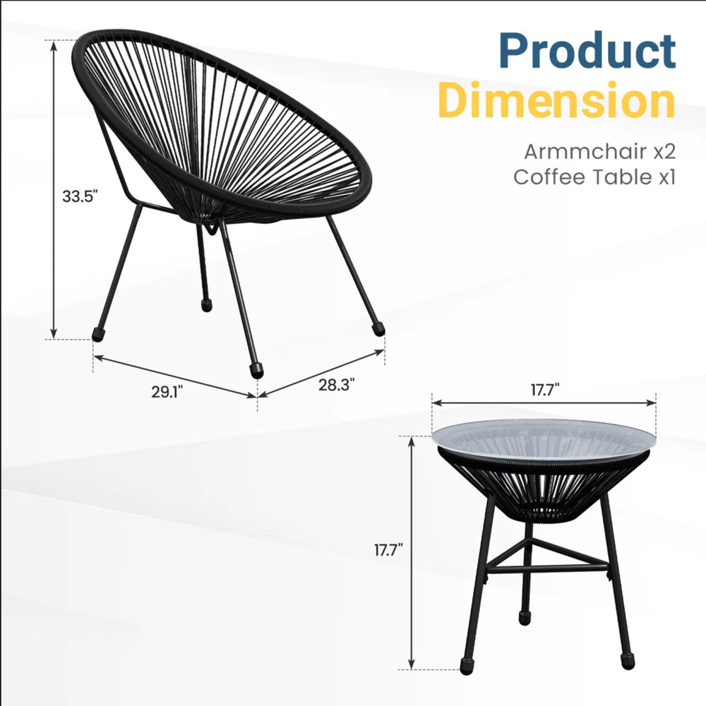 English Elm 3-piece Acapulco Outdoor Bistro Set Hand Woven Pe Rattan Chairs Tempered Glass Table Black B082P455169