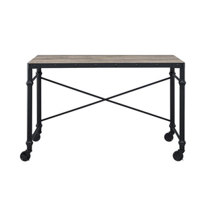 English Elm Rectangular Rustic Oak Writing Desk with Nailhead Trim, Black Metal Frame & Rolling Legs for Mobile Workspaces B016P317523