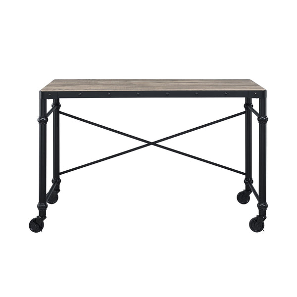 English Elm Rectangular Rustic Oak Writing Desk with Nailhead Trim, Black Metal Frame & Rolling Legs for Mobile Workspaces B016P317523