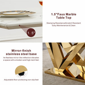 English Elm Marble Dining Table For 6 – Luxe Faux Marble Kitchen Table With Gold Mirrored Base, Modern Design W3456S00044