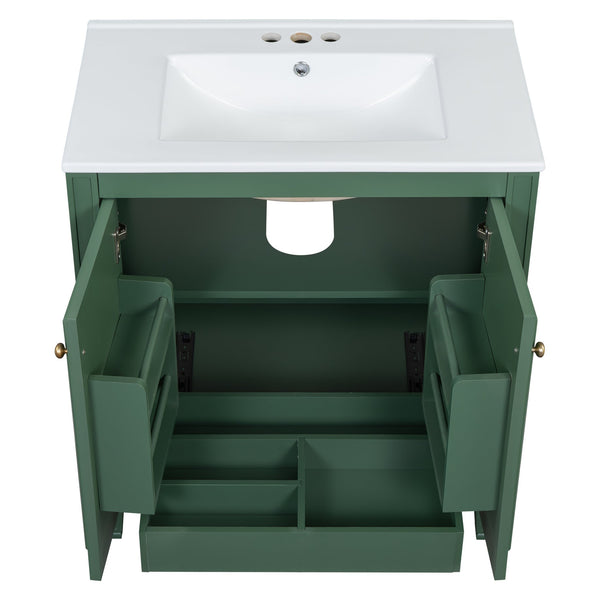 English Elm Christopher Knight Home® - 30" Bathroom Vanity with Sink Vintage Freestanding Ceramic Top Soft-Close Doors Gold Knobs, Storage Green N759P226000F