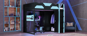 English Elm Full Size Loft Bed with Rgb Lighting Usb Charging Desk Wardrobe and Storage Shelves Blue LT000387AAC