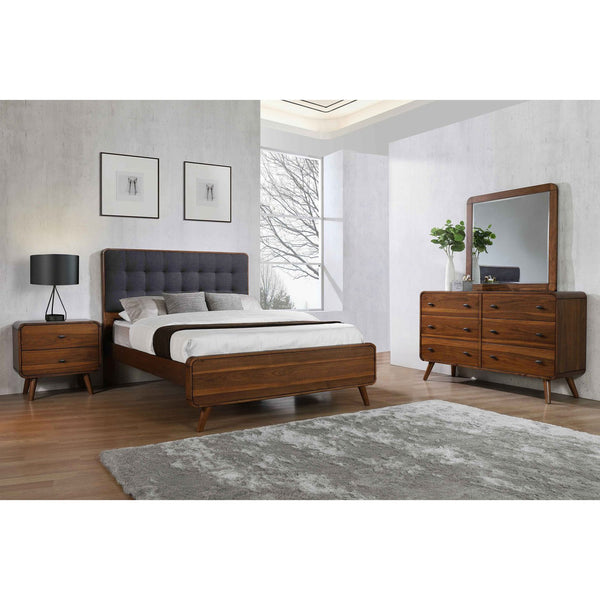 English Elm Roxbury Retro-Modern Dark Walnut 4-Piece Queen Bedroom Set with Tufted Dark Grey Headboard Elegance B062S00899