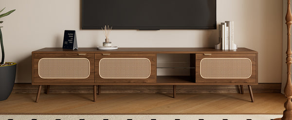 English Elm 78" Rattan TV Stand for 75-85" TVs with Glass Shelves, Solid Wood Legs, Soft-Close Doors, Walnut Finish N710P298238P