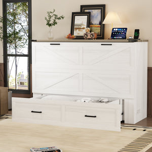 English Elm Queen Farmhouse Murphy Cabinet Bed with Charging Station and Storage Drawer White N733S361778W