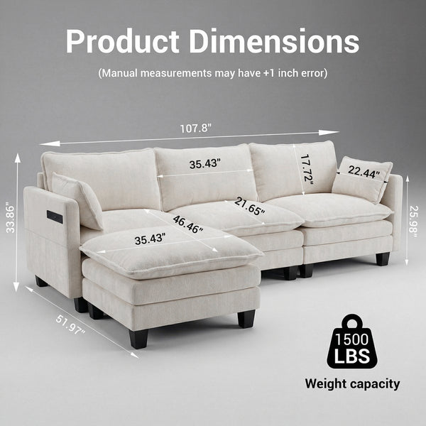English Elm Modern Chenille Three Seat Sofa with Ottoman Usb Charging Ports and Storage Pockets Beige White W2519S00001