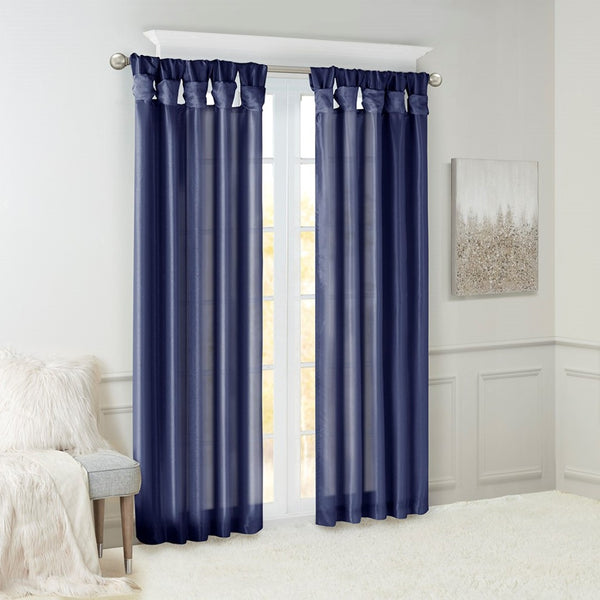 English Elm Twist Tab Lined Faux Silk Window Curtain Panel In Navy, 50X108" - Elegant Design, Enhanced Privacy B03598205-GIGA