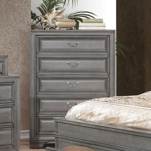 English Elm Transitional Elegant Five-Drawer Chest with Antique Hardware and Deep Storage for Clutter-Free Bedroom Gray 40 L x 21 W x 58 H B2741P380213
