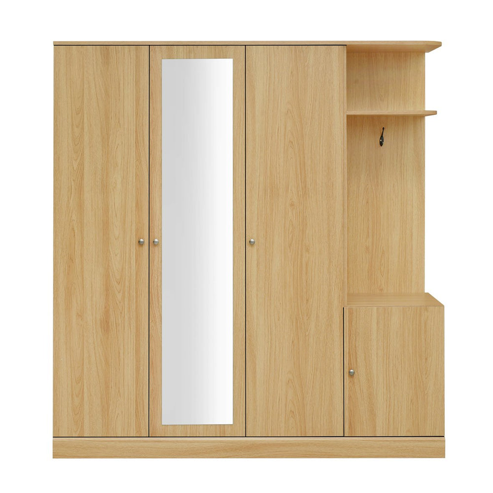 English Elm 4-Door Wardrobe with Full-Length Mirror, Dust-Proof Compartments, Shoe Door & Anti-Tip Safety Features Natural N820S00056N