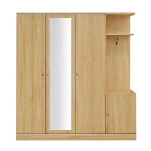 English Elm 4-Door Wardrobe with Full-Length Mirror, Dust-Proof Compartments, Shoe Door & Anti-Tip Safety Features Natural N820S00056N
