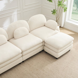 English Elm Teddy Fleece Modular Loveseat with Ottoman Curved Sculptural Sofa for Living Room Beige White W5656S00075