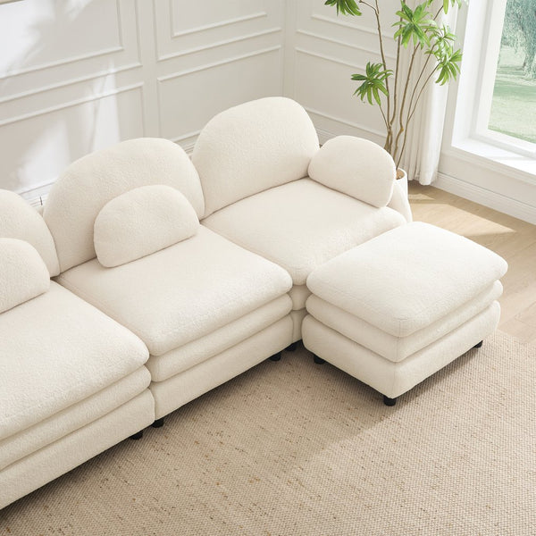 English Elm Teddy Fleece Modular Loveseat with Ottoman Curved Sculptural Sofa for Living Room Beige White W5656S00075