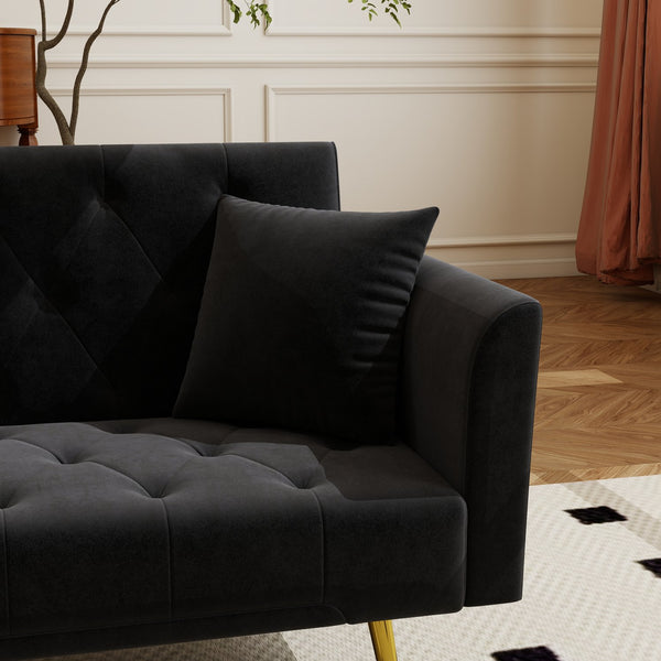 English Elm Modern Tufted Velvet Sleeper Sofa Retro Style Convertible Fold Flat for Compact Spaces Black W2353P399458
