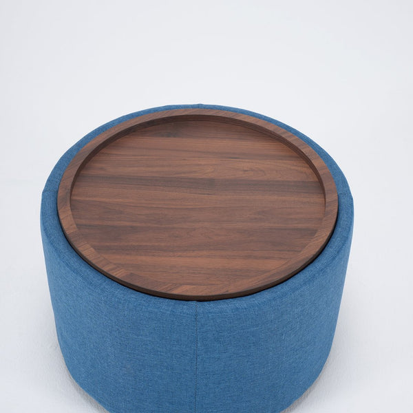 English Elm Ball Cast Round Nesting Ottoman Set Linen Upholstered Hidden Storage with Wooden Tray Blue W3163P379374
