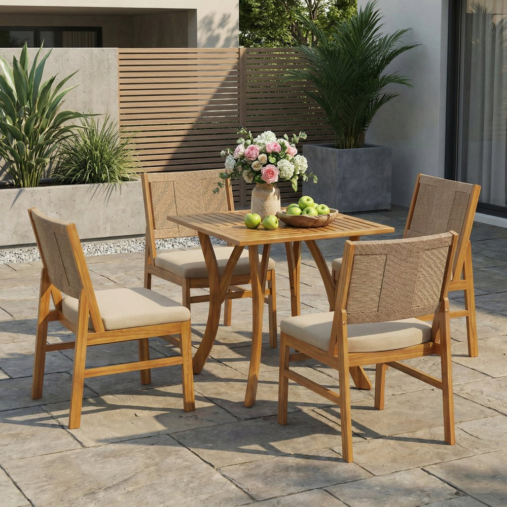 English Elm 5 Piece Acacia Wood Outdoor Dining Set Square Teak Finish Wicker Chairs Patio N773OD00086B