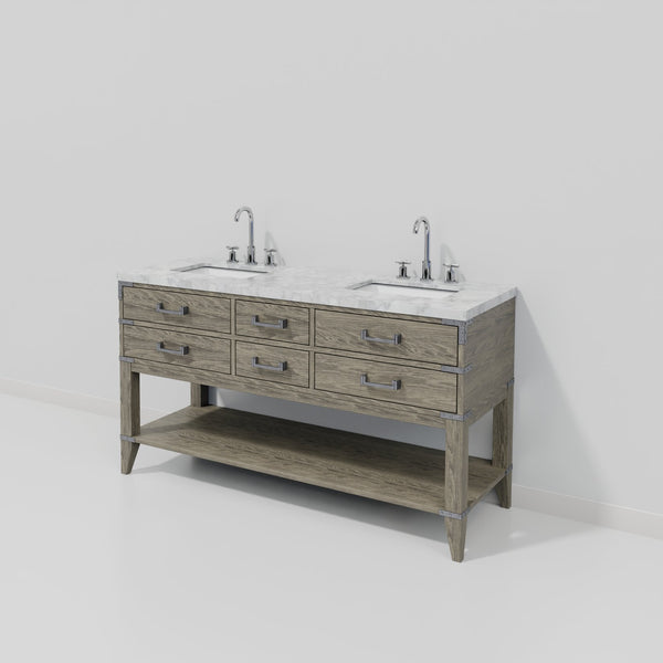 English Elm Grey Oak Double Bath Vanity 60" W x 22" D with Carrara Marble Top, Chrome Faucet, Soft-Close Drawers B2731P260268