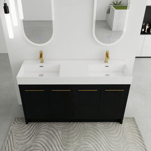 English Elm 60 Inch Freestanding Bathroom Vanity With Resin Double Sink & Soft-Close Doors For Modern Spaces W999S00181