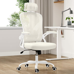 English Elm Ergonomic High Back Mesh Desk Chair with Flip up Arms and Adjustable Lumbar Support Beige,White T3623P434264