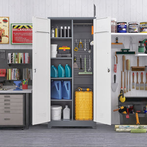 English Elm Gray Steel Locking Tall Storage Cabinet with Adjustable Shelves for Kitchen or Shop Grey+White T3625P372664